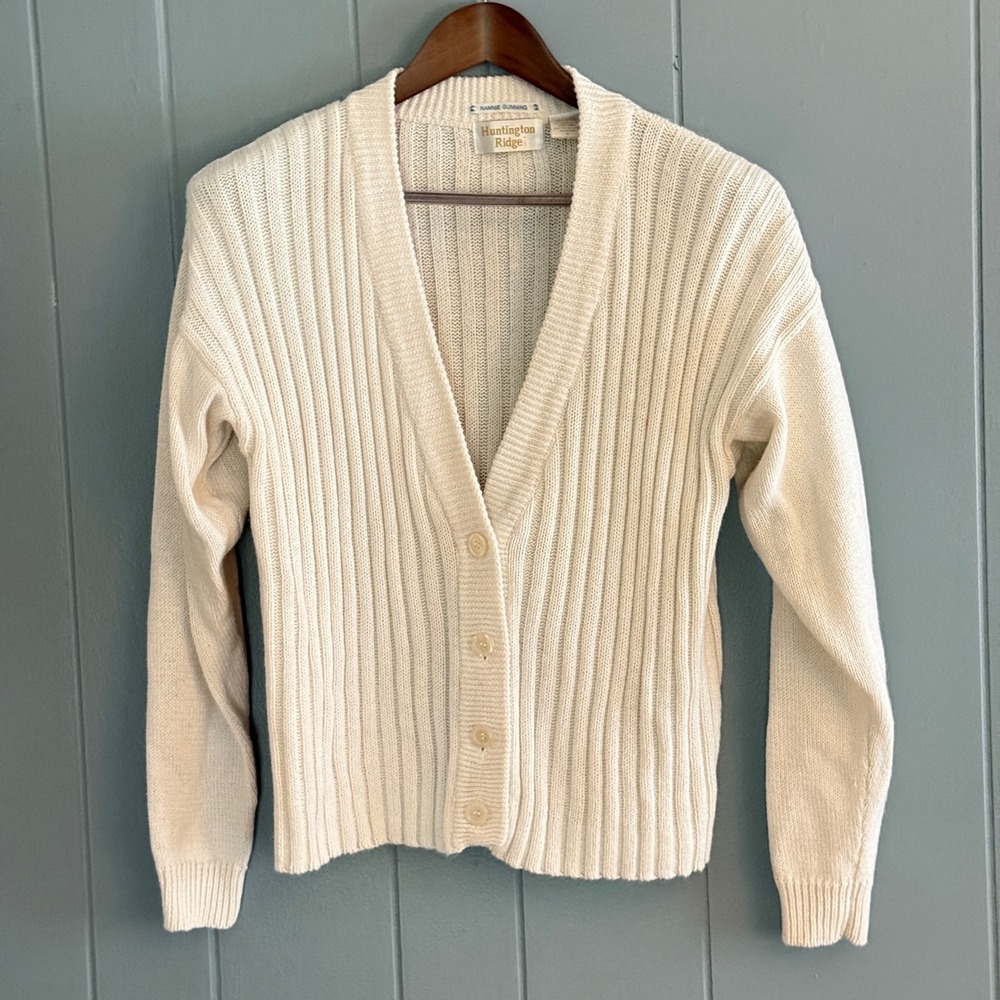 Hunting Ridge Vtg Cream Ribbed Knit Cardigan Sweater L Boxy Cropped Ramie Cotton